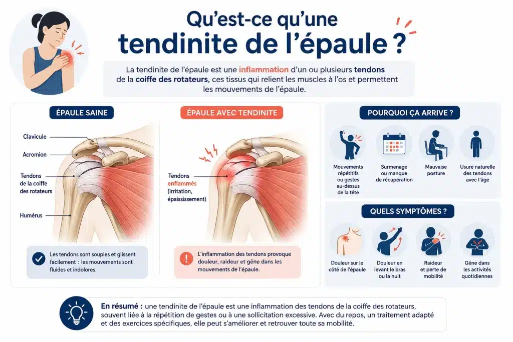 Image explicative de la tendinite de l'épaule, on y voit un schéma de coup de l'épaule présentant une épaule saine et une épaule atteinte de tendinite