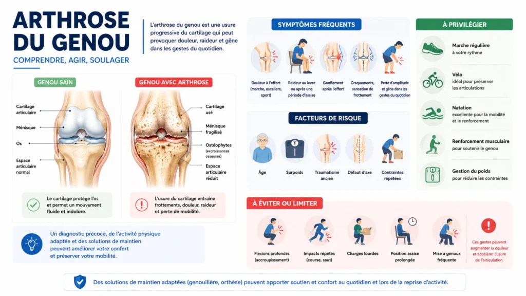 Arthrose du genou : symptômes, risques et conseils Infographie sur l’arthrose du genou : symptômes, facteurs de risque, activités recommandées et gestes à éviter.