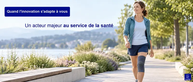 Femme marchant au bord de l’eau avec une genouillère. Texte : « Quand l’innovation s’adapte à vous » et « Un acteur majeur au service de la santé ». Logo Thuasne.