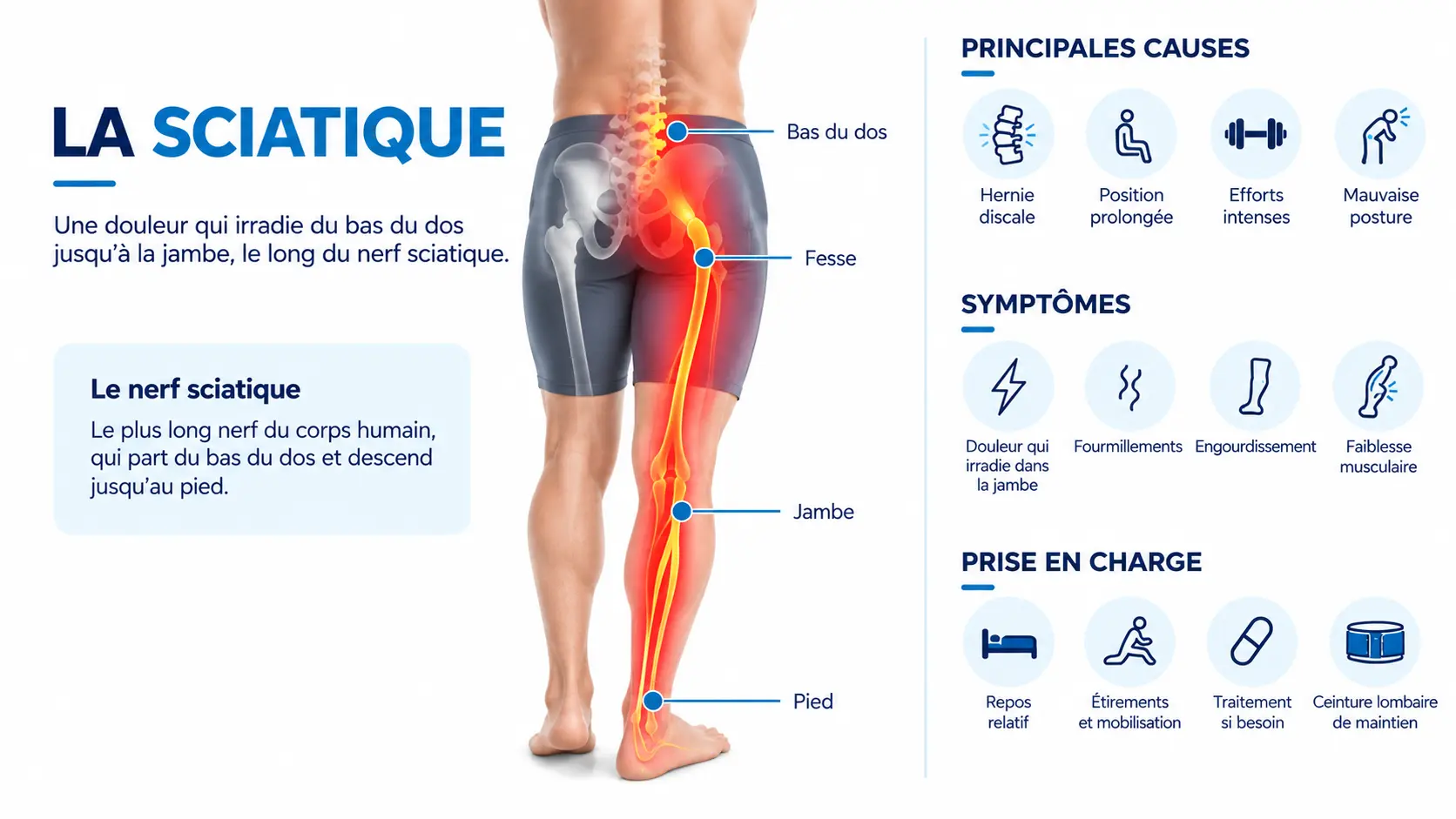 Schéma de la sciatique montrant le trajet du nerf sciatique depuis le bas du dos jusqu’au pied, avec les principales causes, symptômes et solutions de prise en charge.