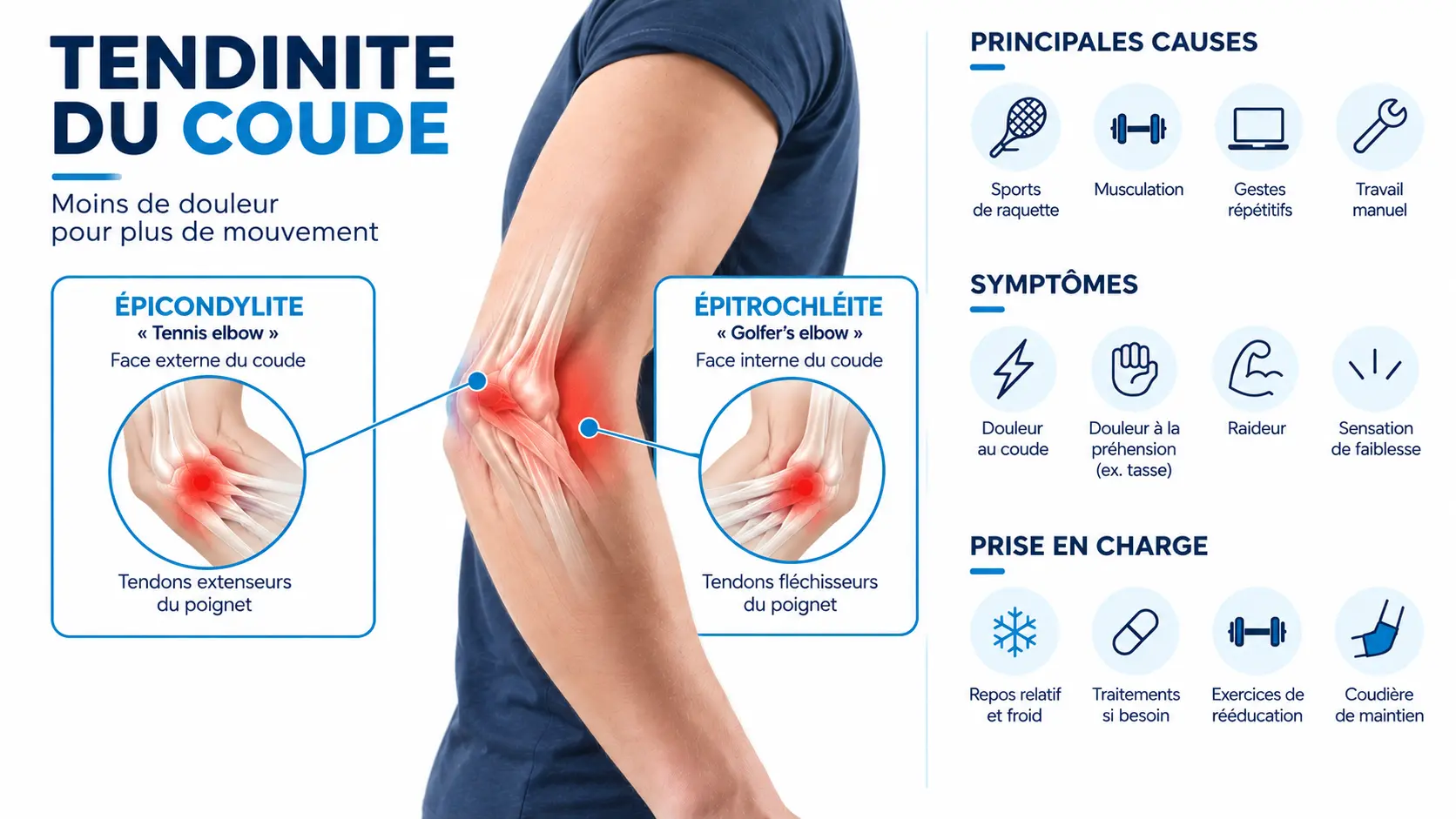 Schéma de la tendinite du coude montrant les zones douloureuses de l’épicondylite sur la face externe et de l’épitrochléite sur la face interne du coude, avec leurs principales causes, symptômes et prises en charge.