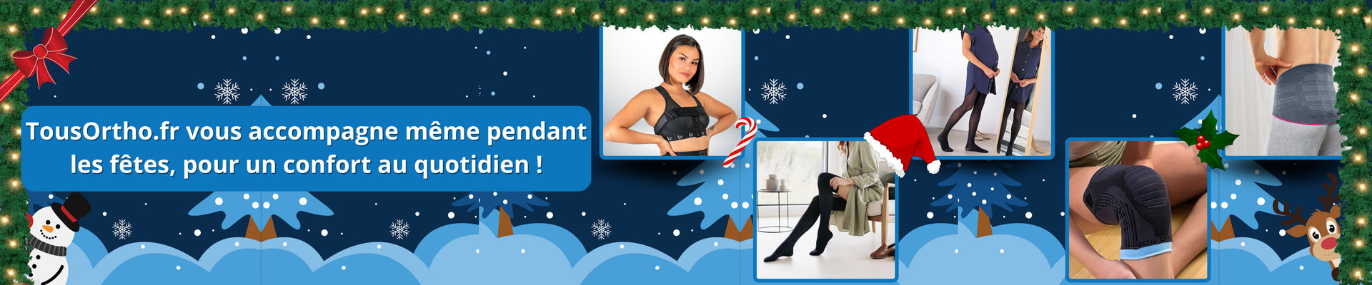 Bannière de Noël TousOrtho.fr mettant en avant divers produits orthopédiques pour le confort au quotidien, accompagnée d’illustrations festives de fin d’année