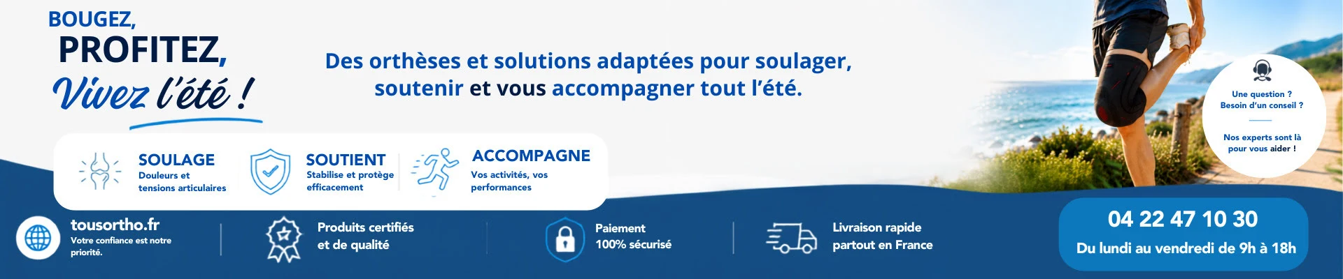 Solutions orthopédiques TousOrtho pour profiter pleinement du beau temps : genouillère, chevillère, attelle de poignet et activité physique au printemps