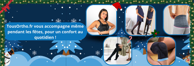 Bannière de Noël TousOrtho.fr mettant en avant divers produits orthopédiques pour le confort au quotidien, accompagnée d’illustrations festives de fin d’année